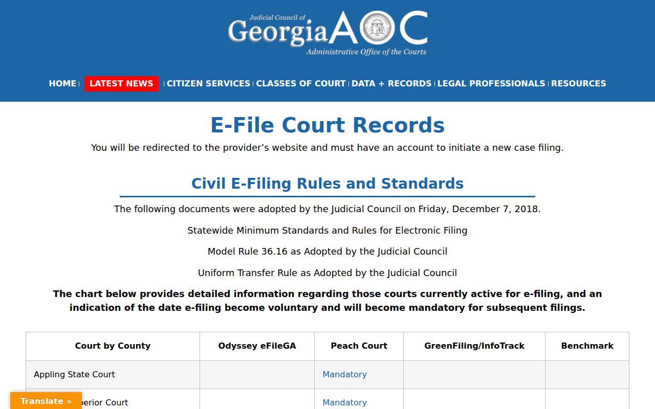 Georgia Courts e-filing provider listing for Jenkins courts